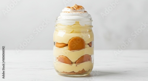 banana pudding parfait in mason jar isolated for food photography and culinary presentations