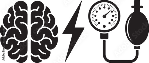 A collection featuring essential health and medical symbols, including a brain, lightning bolt, and a blood pressure gauge