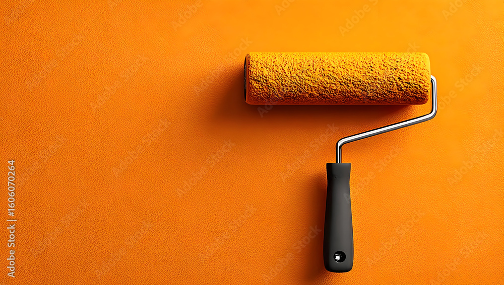 Obraz premium A close-up image of a paint roller with a black handle on a vibrant orange backdrop, perfect for design and DIY related projects.