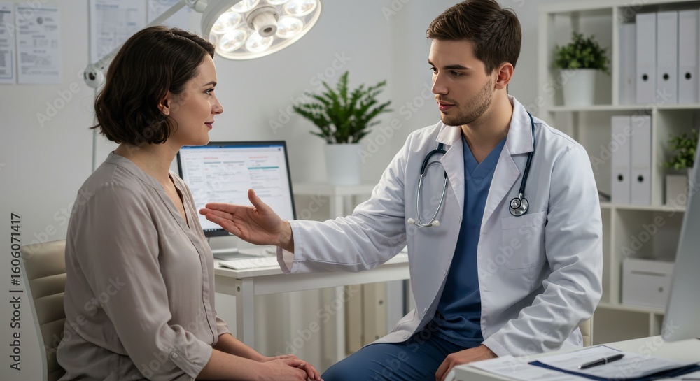 Fototapeta premium Young Doctor Reassures Patient with Calm Hand Gesture in Consultation Room