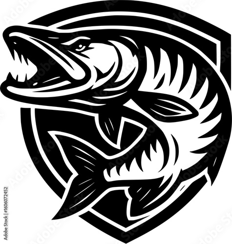 Muskie Shield Logo – Bold Black and White Vector Emblem for Lake Fishing Charters