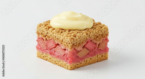 cube of rhubarb crumble with custard isolated on white background for dessert or bakery concepts