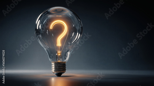 A lightbulb inside a transparent question mark.	A beautiful, conceptual image of a large, transparent glass question mark, and inside it, a single lightbulb is glowing brightly.

