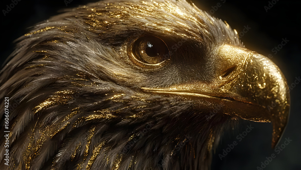 Fototapeta premium A close-up view of a majestic golden eagle, showcasing its intricate feathers and sharp gaze. The eagle's beauty symbolizes power and freedom in nature.