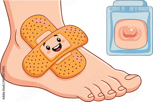 Cartoon Foot with Smiling Bandage and Wound Care Package Illustration