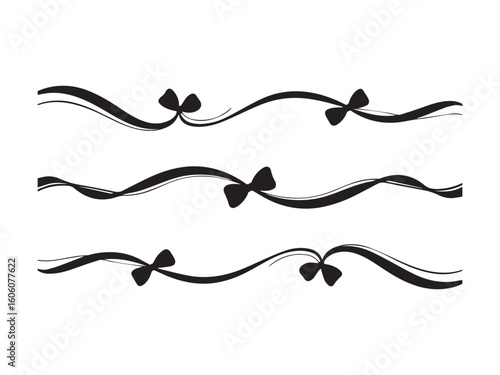 Decorative brush stroke borders with bows silhouette vector isolated on white background.