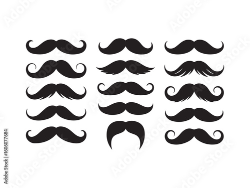 Collection of various mustache styles silhouette vector isolated on white background.