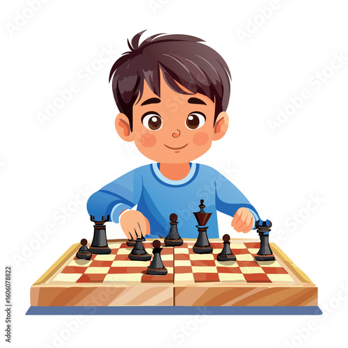 A smiling child engaged in a challenging chess match, developing strategy, concentration, and intellectual skills.