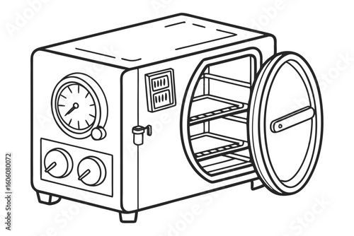 Isometric Line Art Illustration of a Medical Autoclave Sterilizer Machine Open Door
