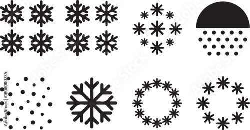 A beautiful collection of snowflake designs and winter-themed patterns, featuring various styles of snowflakes, flurries, and circular snow patterns.