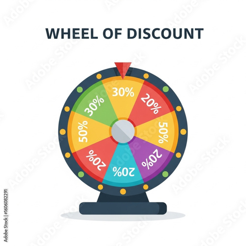 Colorful wheel of fortune displaying various percentage discounts for a sale or promotion.