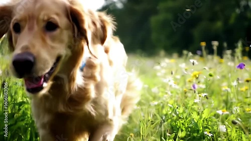 Golden Retriever running through a meadow filled with wildflowers on a sunny day.