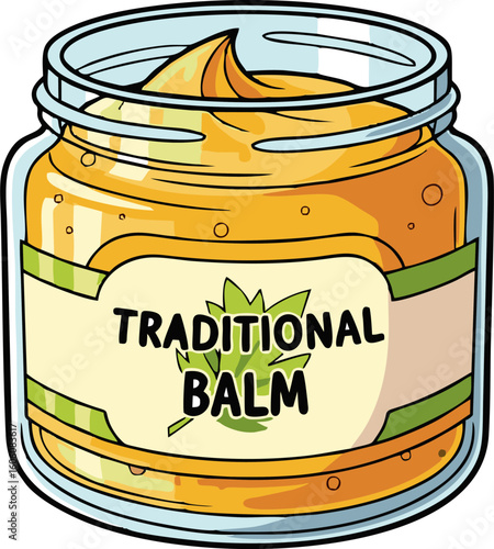Cartoon Jar of Traditional Balm with Leafy Label and Golden Ointment