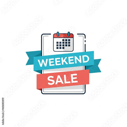 Weekend Sale advertisement featuring a calendar icon, blue and red ribbon banners, and bold text promoting discounts.