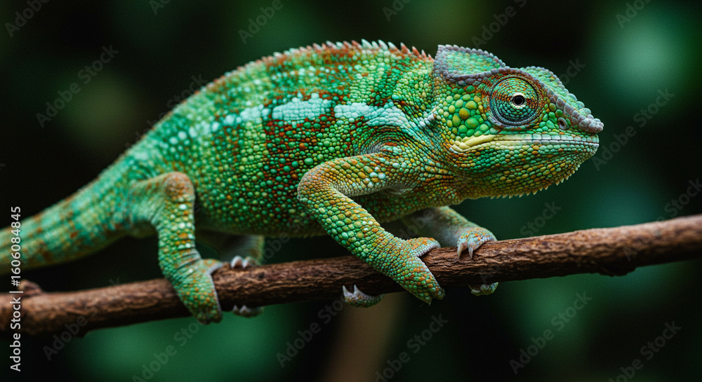 Fototapeta premium Vibrant Chameleon on Branch - Detailed Macro Tropical Rainforest Lizard