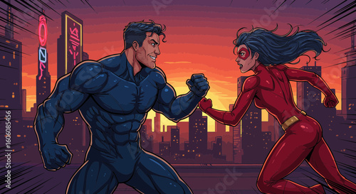 Epic superhero confrontation against a vibrant cityscape sunset background illustration