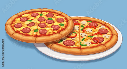Delicious Cartoon Pizza Illustration: Pepperoni and Mushroom Toppings on a Plate