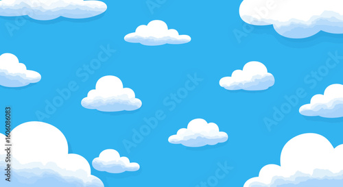 Cartoon illustration of fluffy white clouds floating in a clear blue sky backdrop