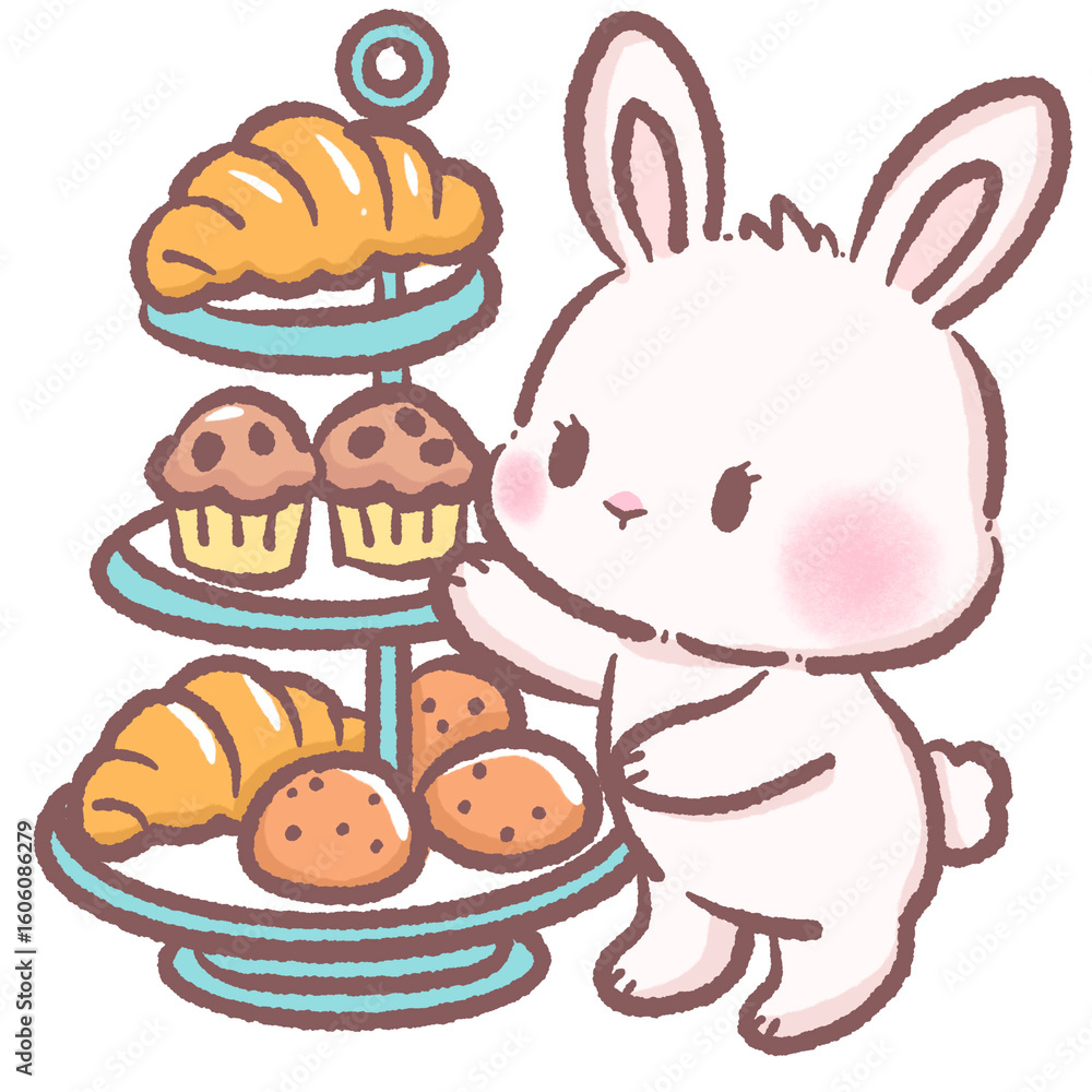 Fototapeta premium Cute bunny arranging three tier stand with bakery treats croissants and muffins cozy patisserie scene perfect for cafe themes children books brunch decor dessert illustrations and food designs