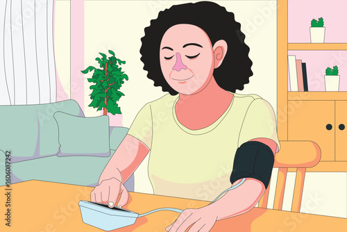 Cartoon style illustration of an elderly woman measuring her blood pressure at home using a digital device. Perfect for healthcare, homecare, or medical wellness topics.