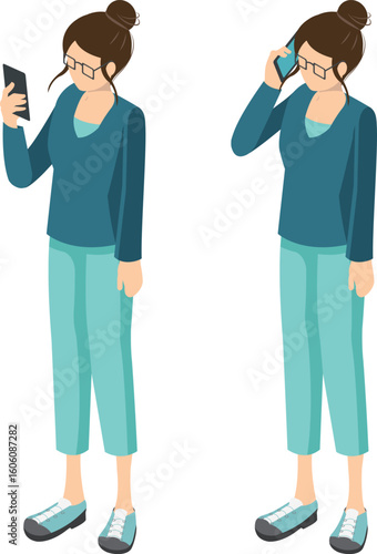 スマホを使う女性のセット_アイソメトリックイラスト