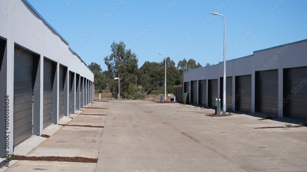 Shared driveway between rows of modern townhouse garages with closed roller doors. Suburban residential complex design in Australia. Shared driveway between rows of modern townhouse garages with closed roller doors. Suburban residential complex design in Australia.
