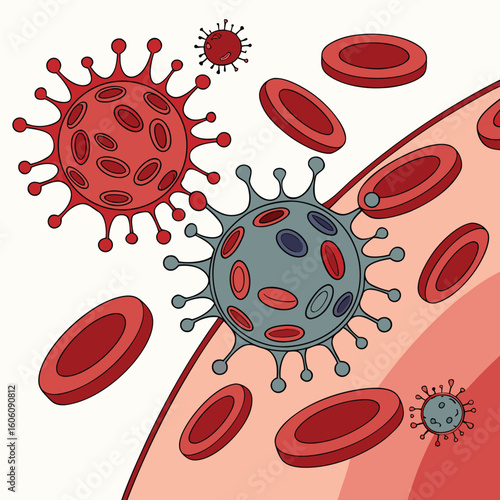 Microscopic view of virus cells spreading in the bloodstream generated by ai