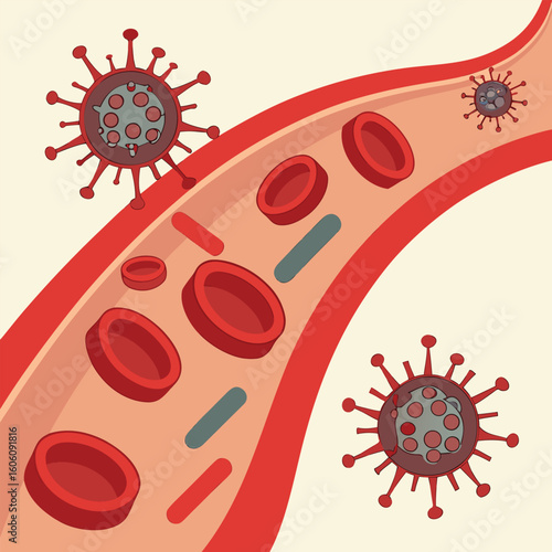 Microscopic view of virus cells spreading in the bloodstream generated by ai