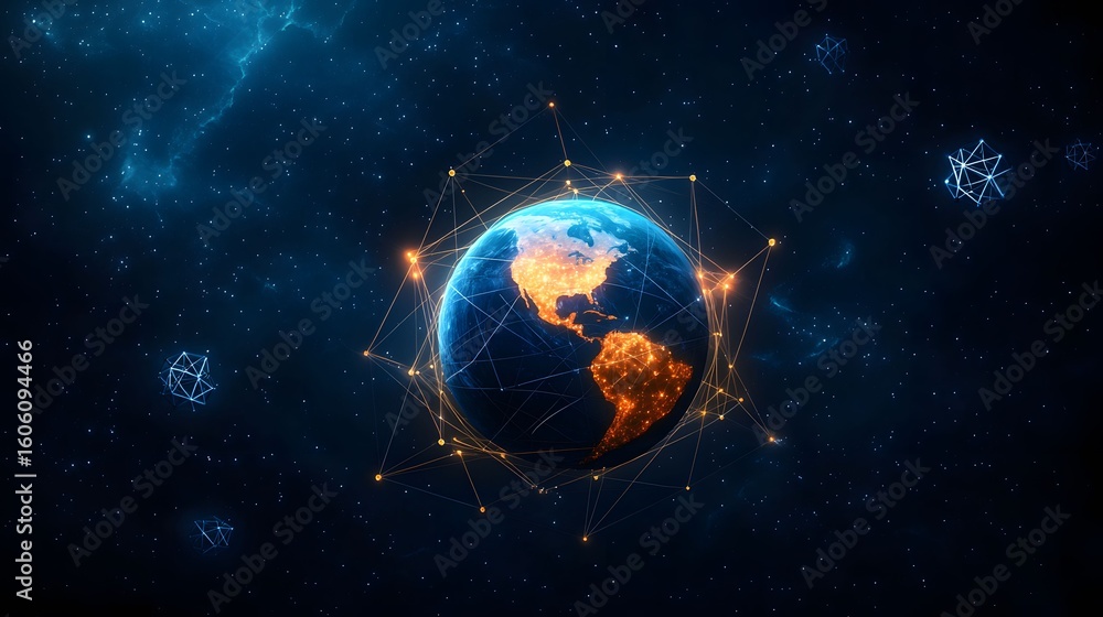Naklejka premium The image showcases a vibrant, glowing Earth against a backdrop of a deep blue space filled with sparkling stars and geometric shapes, creating a futuristic technology feel.