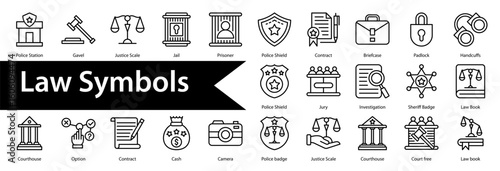 Law Symbols Icon Collection Set. Containing: 

Police Station,Gavel,Justice Scale,Jail,Prisoner,Police Shield,Contract,Briefcase,Padlock,Handcuffs,Police Shield,Jury,Investigation,Sheriff Badge