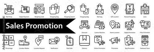 Sales Promotion Icon Collection Set. Containing: Gift Box ,Price Tag,Money,Shopping List,Store,Save Money,Shopping Cart,Ecommerce,Shopping accept,Shopping Bag,Monitoring Shop,Add Shop,Store Options
