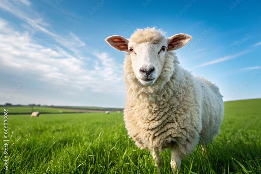 Obraz premium Fluffy sheep portrait in green field under blue sky farm animal livestock agriculture rural scenic landscape nature view