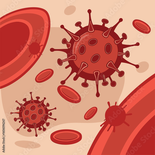 Microscopic view of virus cells spreading in the bloodstream generated by ai