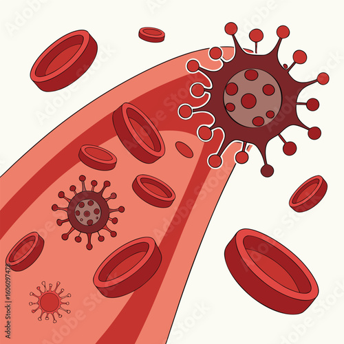 Microscopic view of virus cells spreading in the bloodstream generated by ai