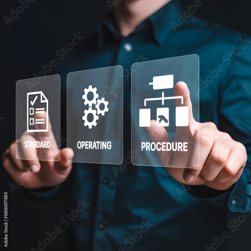 Business professional selects standard operating procedure on digital interface