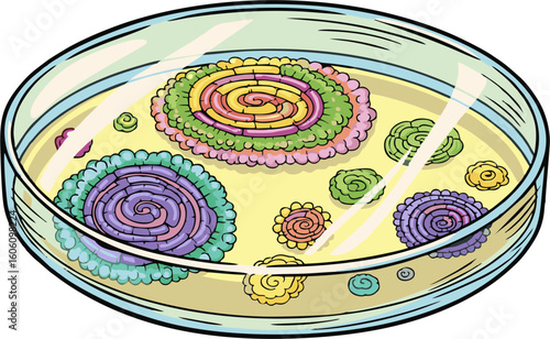 Colorful Bacterial Colonies in Petri Dish Displaying Growth Patterns