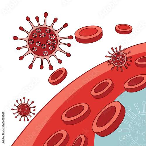 Microscopic view of virus cells spreading in the bloodstream generated by ai