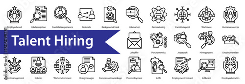 Talent Hiring Icon Collection Set. Containing: 
Diversity,Inclusion,Recruitment,Selection,Skills,Experience,Qualifications,Talent,Interviews,Culture,Onboarding,Assessment,Training,Development