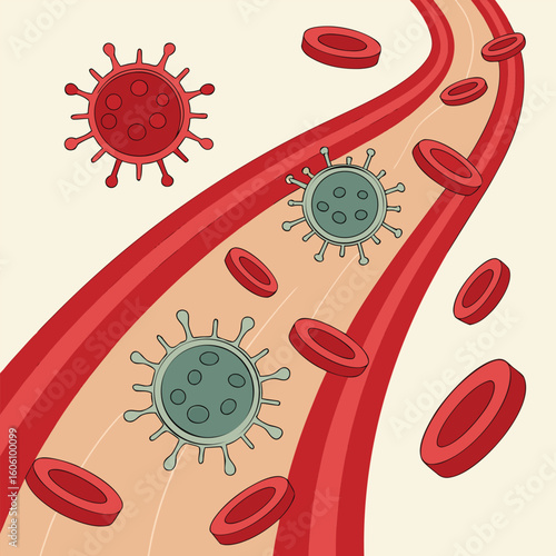 Microscopic view of virus cells spreading in the bloodstream generated by ai