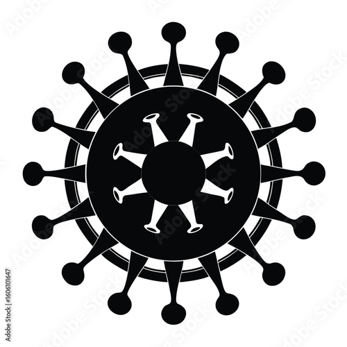 Stylized Black and White Rendering of a Virus with Prominent Surface Structures and Circular Symmetry