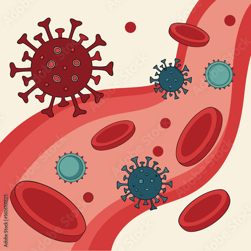 Microscopic view of virus cells spreading in the bloodstream generated by ai