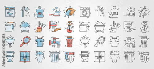 set of Hygiene routine bathroom related icons arranged neatly in a tile pattern promote daily personal cleanliness.