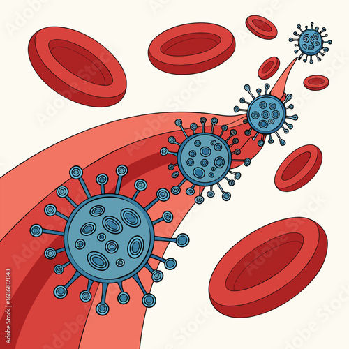 Microscopic view of virus cells spreading in the bloodstream generated by ai