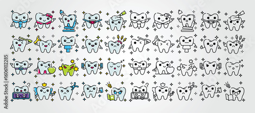 collection of dental icon characters showcase various cartoon teeth expressing activities and emotions in a playful scene.