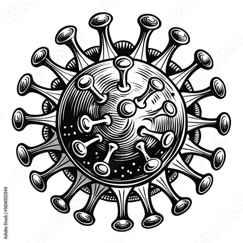 Monochrome Illustration of a Coronavirus Particle with Detailed Line Work and Realistic Texture Depiction