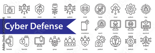 Cyber Defense Icon Collection Set. Containing: 

Hacker,Cloud,Key,Password,Global,Secure,Shield,Hacker,Safe,Antivirus,Chip,Web,Password,Folder,key,lock,key,key,globe,globe,bug,chip,lock,cloud,hacker