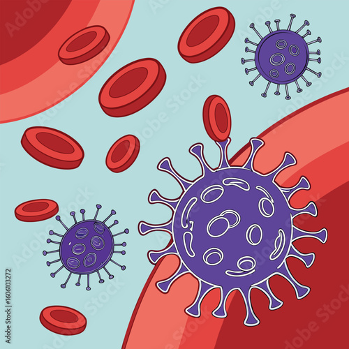 Microscopic view of virus cells spreading in the bloodstream generated by ai
