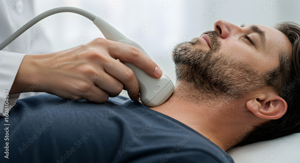 Fototapeta premium Doctor Performing Ultrasound on Man's Neck for Medical Diagnosis in Clinic Setting