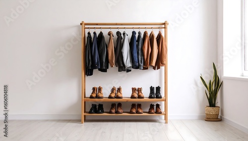 Clothes and shoes on a wooden stand
