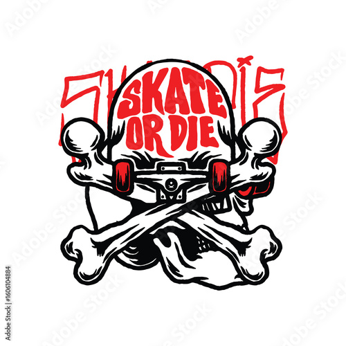 Hand drawn vintage skate skull bones